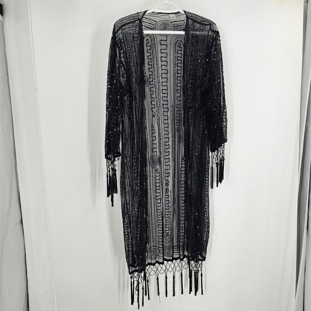 VTG Chicos Cardigan Black Beaded Sequin Gatsby Fringe Tassel Flapper 20s S/M